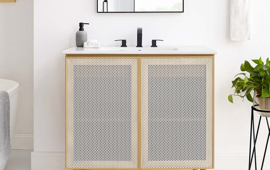 Nash 36" Perforated Metal Bathroom Vanity in White Oak