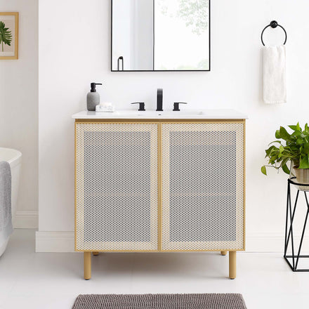 Calla 36" Perforated Metal Bathroom Vanity in White Oak