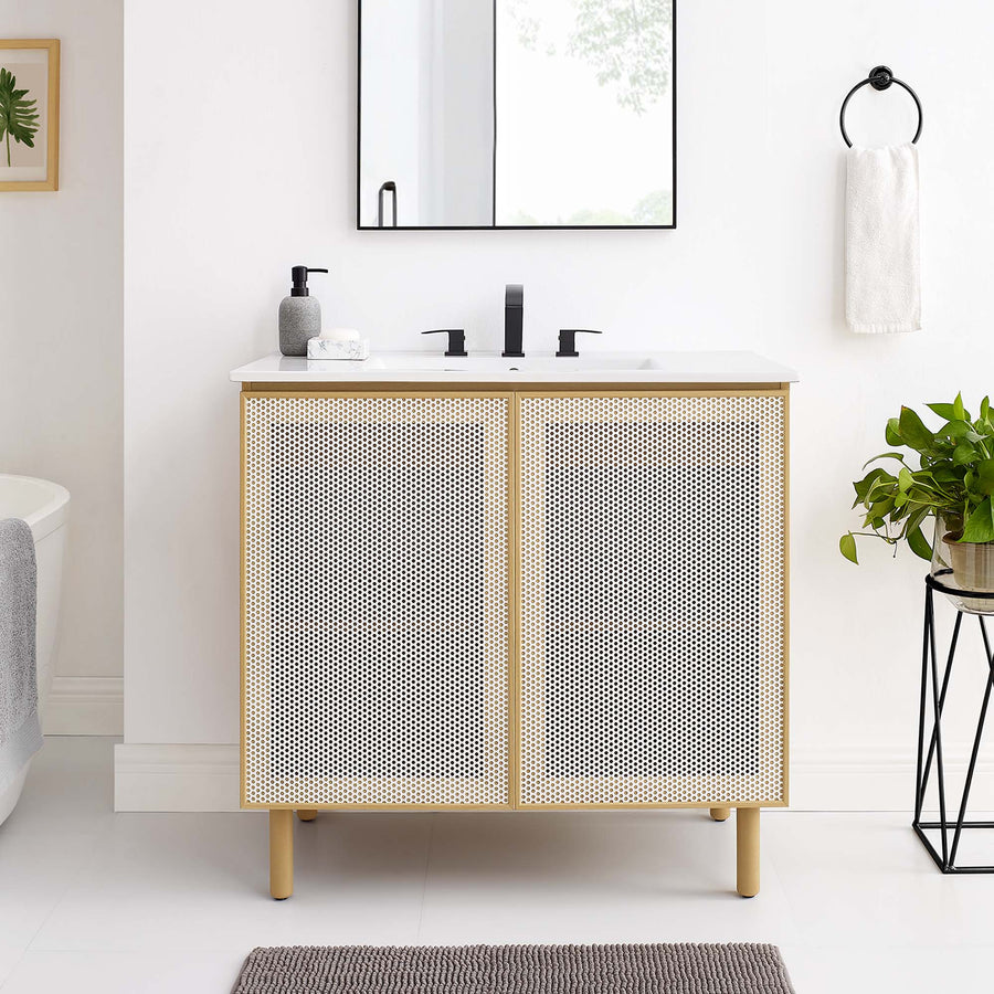 Nash 36" Perforated Metal Bathroom Vanity in White Oak