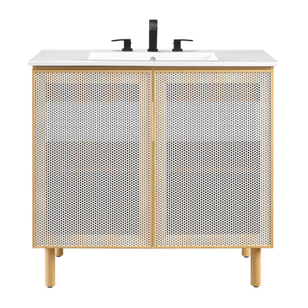 Calla 36" Perforated Metal Bathroom Vanity in White Oak