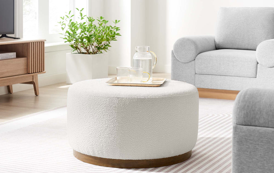 Maple Large 29" Round Boucle Upholstered Ottoman in Cloud Walnut