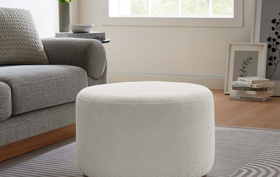 Maple Large 23" Round Boucle Upholstered Upholstered Ottoman in Cloud Walnut