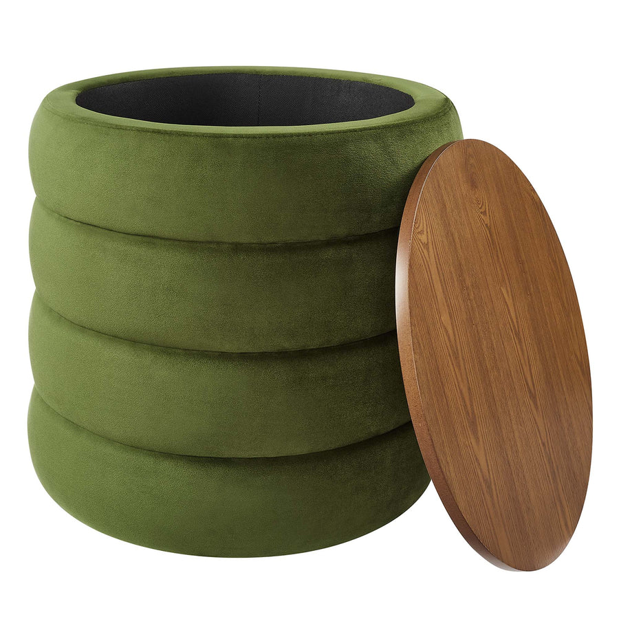 Shuttle Round Performance Velvet Storage Ottoman in Moss Green