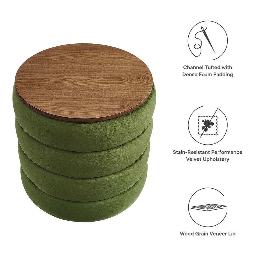 Shuttle Round Performance Velvet Storage Ottoman in Moss Green