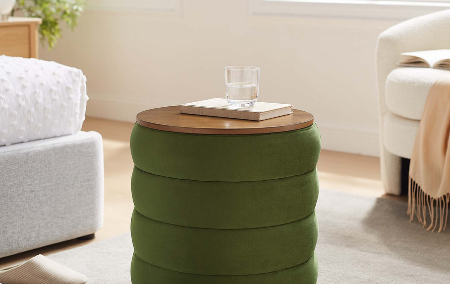Shuttle Round Performance Velvet Storage Ottoman in Moss Green