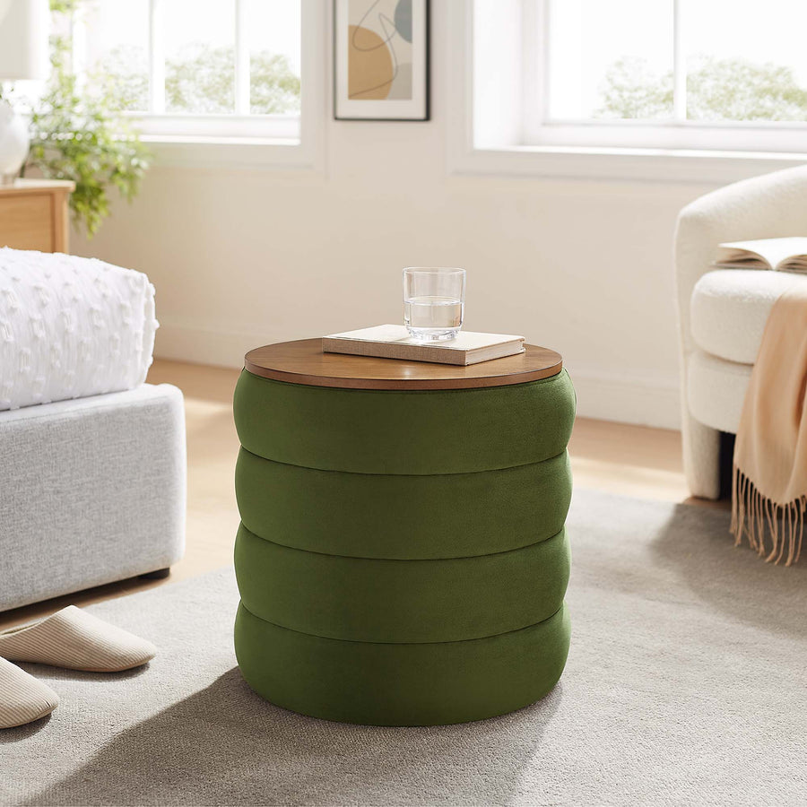 Shuttle Round Performance Velvet Storage Ottoman in Moss Green