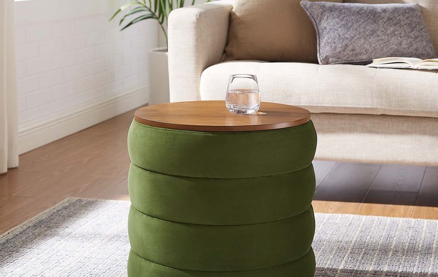 Shuttle Round Performance Velvet Storage Ottoman in Moss Green