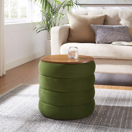 Mezzo Round Performance Velvet Storage Ottoman in Moss Green