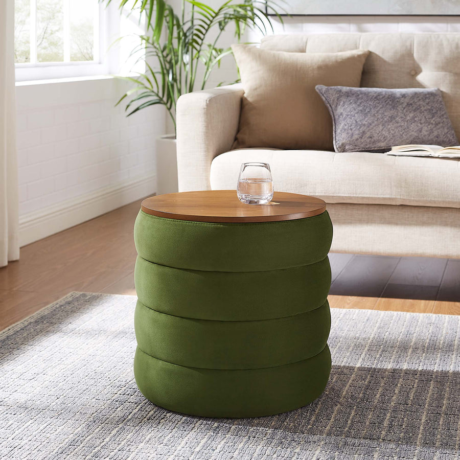 Shuttle Round Performance Velvet Storage Ottoman in Moss Green