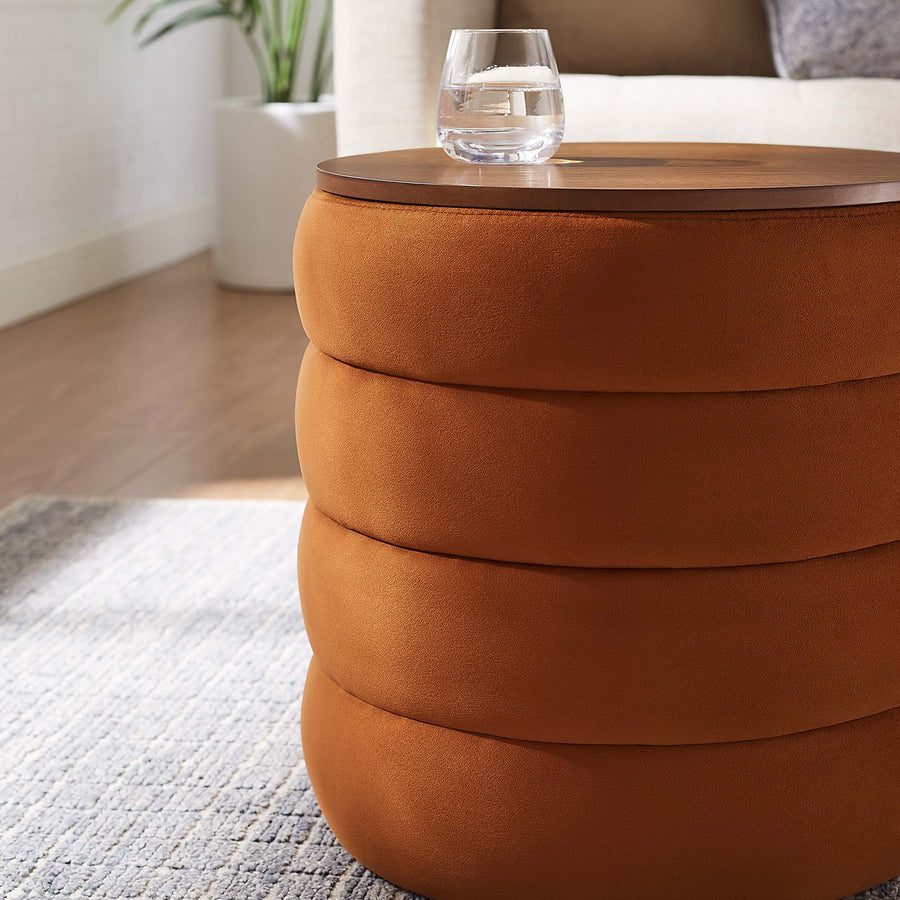 Shuttle Round Performance Velvet Storage Ottoman in Rust