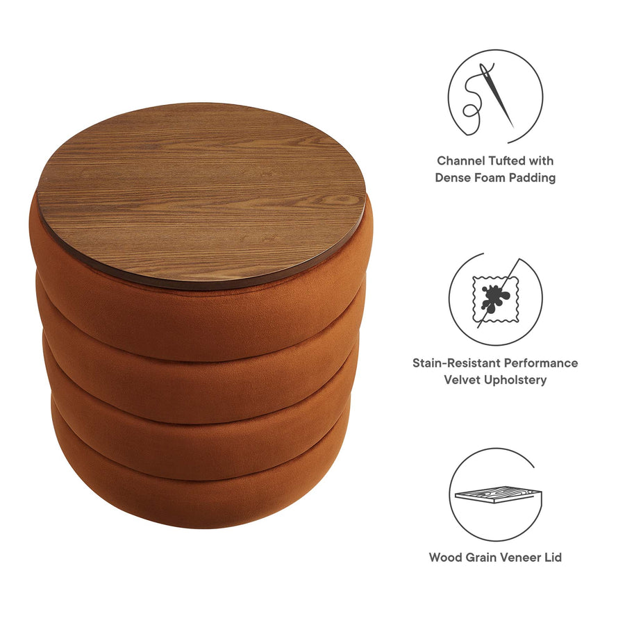 Shuttle Round Performance Velvet Storage Ottoman in Rust
