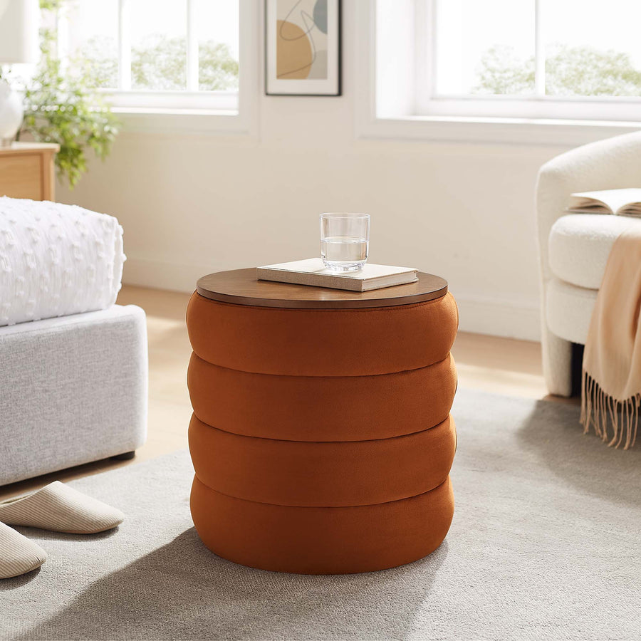 Shuttle Round Performance Velvet Storage Ottoman in Rust