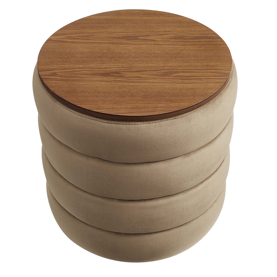 Shuttle Round Performance Velvet Storage Ottoman in Taupe