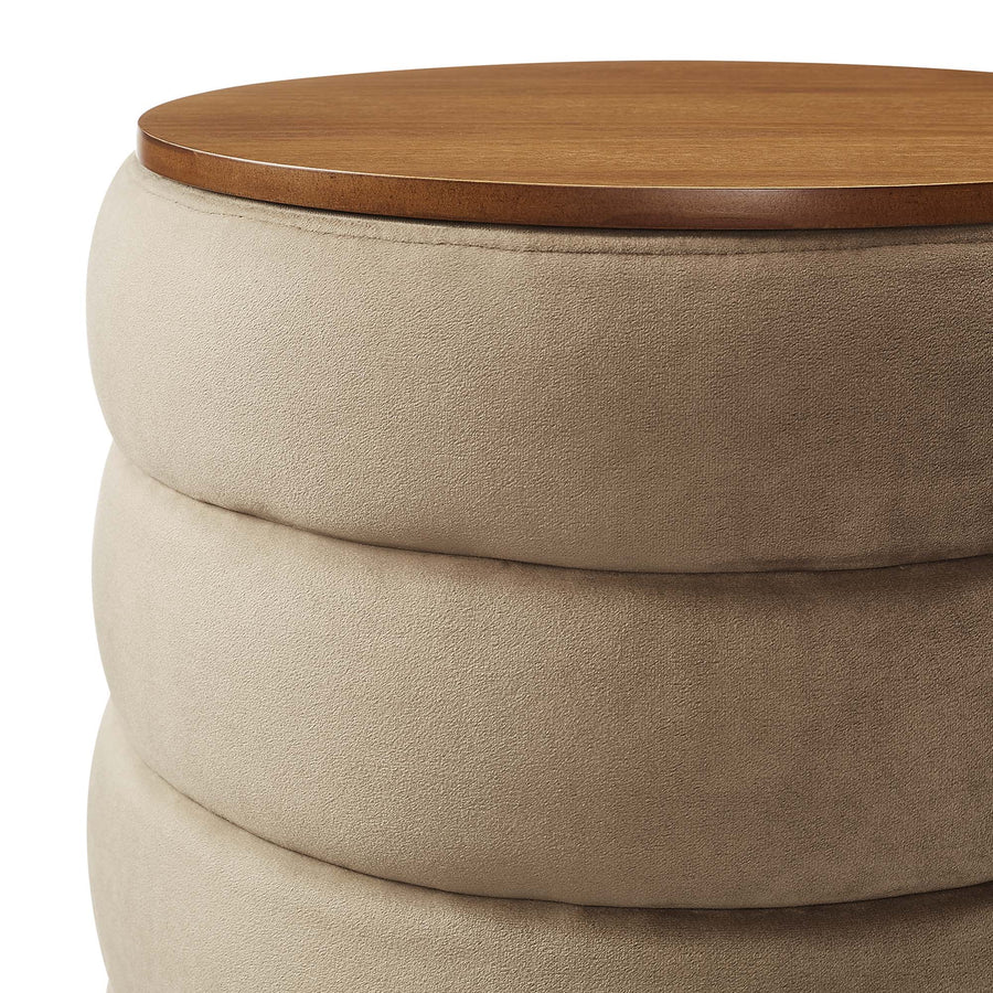 Shuttle Round Performance Velvet Storage Ottoman in Taupe