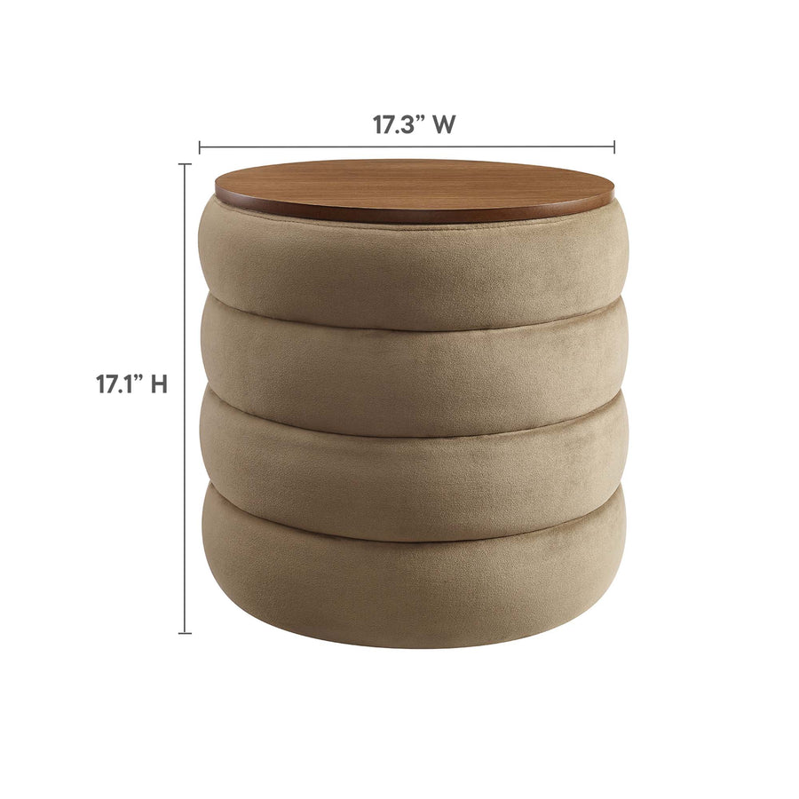 Shuttle Round Performance Velvet Storage Ottoman in Taupe