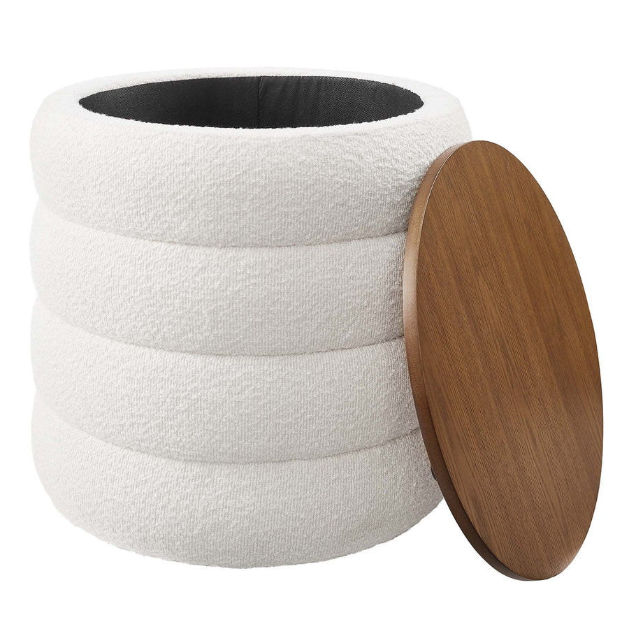 Shuttle Round Boucle Fabric Storage Ottoman in Cloud
