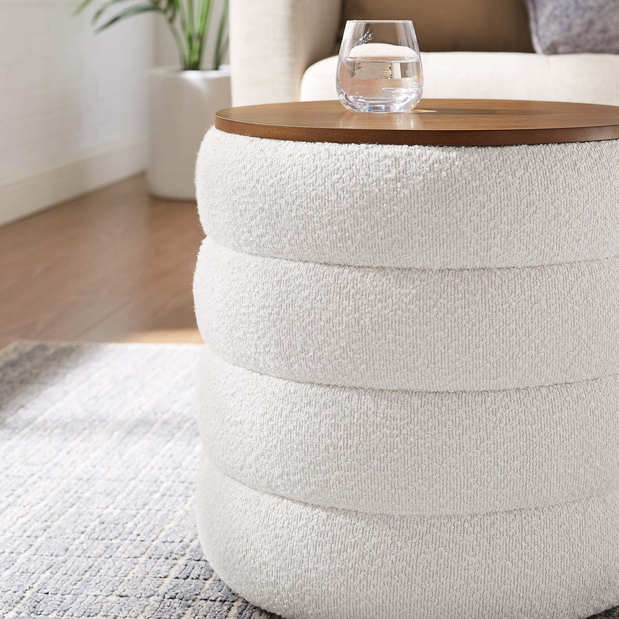 Shuttle Round Boucle Fabric Storage Ottoman in Cloud