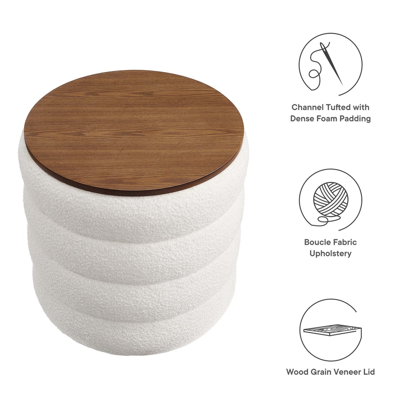 Mezzo Round Boucle Fabric Storage Ottoman by Furniture For America