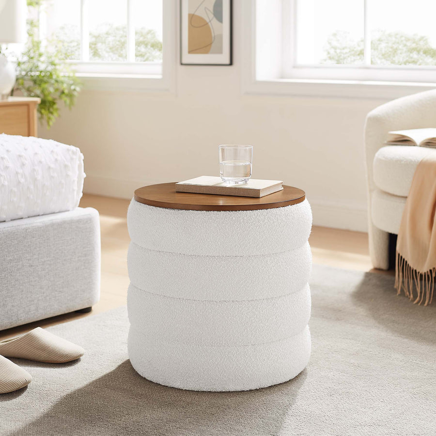 Shuttle Round Boucle Fabric Storage Ottoman in Cloud