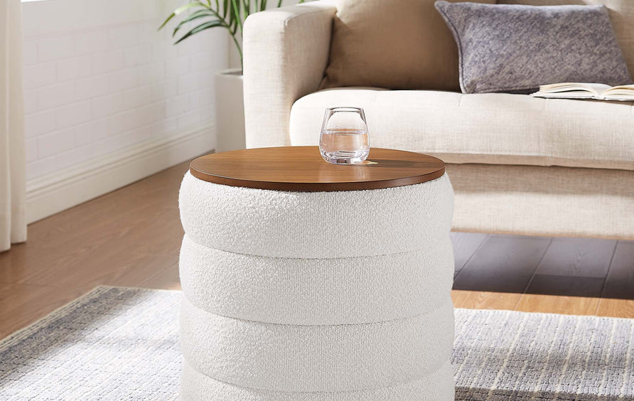 Shuttle Round Boucle Fabric Storage Ottoman in Cloud