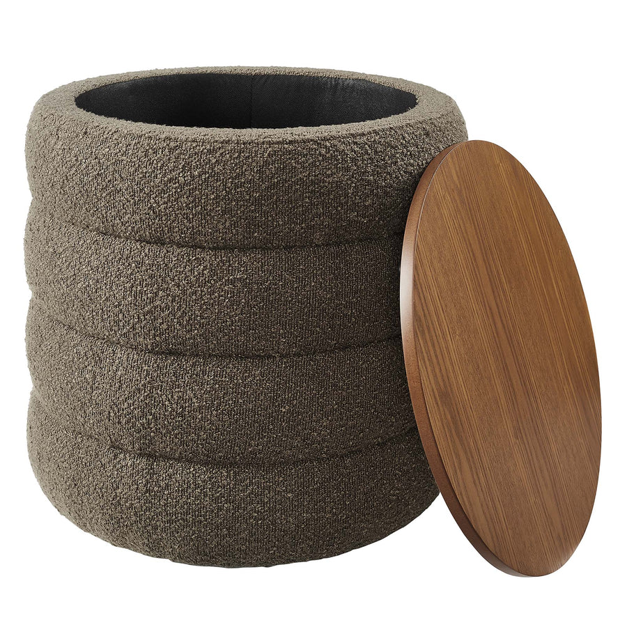 Shuttle Round Boucle Fabric Storage Ottoman in Pebble