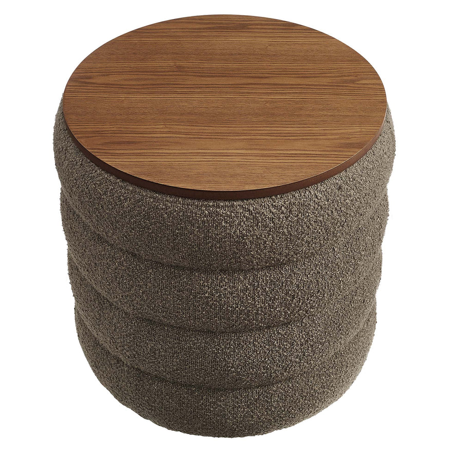 Shuttle Round Boucle Fabric Storage Ottoman in Pebble