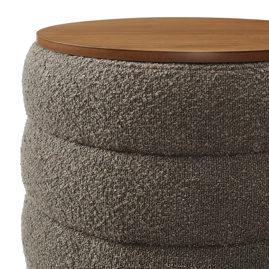 Shuttle Round Boucle Fabric Storage Ottoman in Pebble