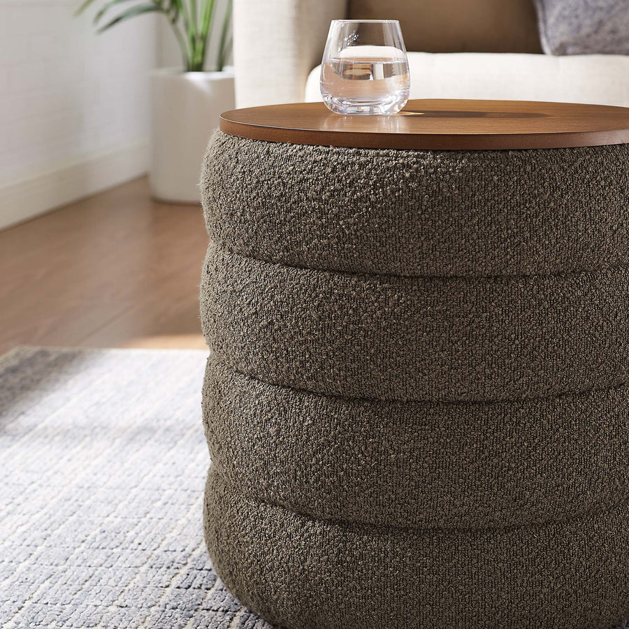 Shuttle Round Boucle Fabric Storage Ottoman in Pebble