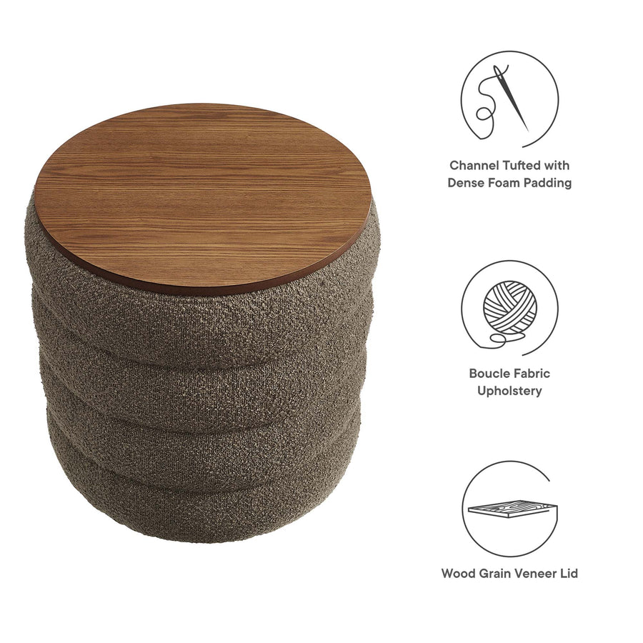 Shuttle Round Boucle Fabric Storage Ottoman in Pebble