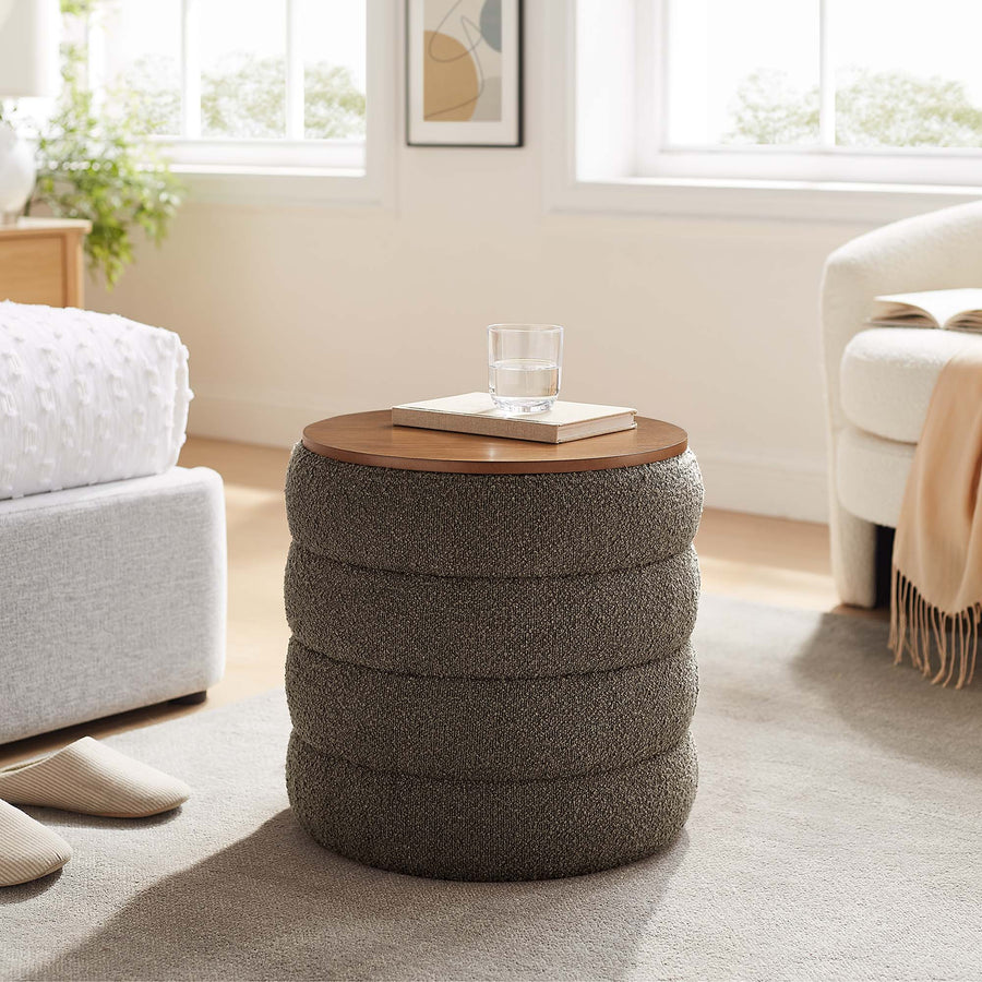 Shuttle Round Boucle Fabric Storage Ottoman in Pebble