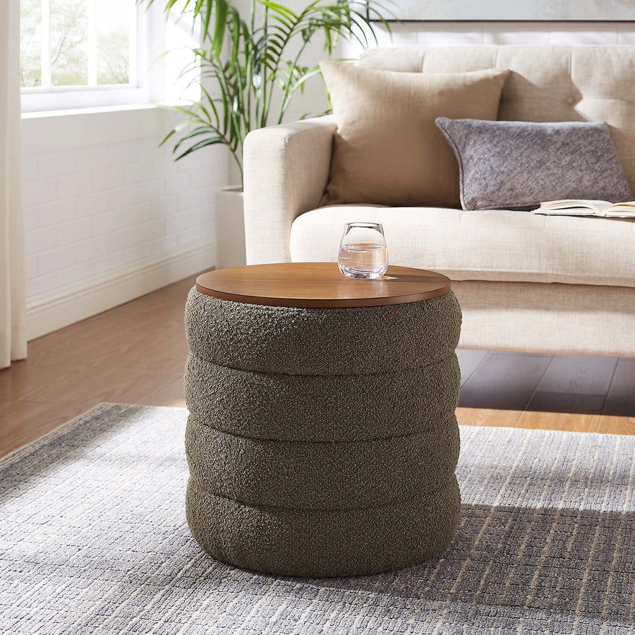 Shuttle Round Boucle Fabric Storage Ottoman in Pebble