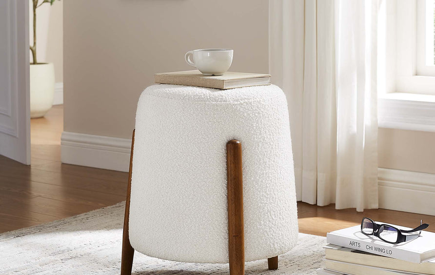Sneem Upholstered Boucle Fabric Ottoman in Cloud