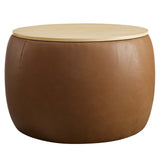 Wynn Round Vegan Leather Storage Ottoman in Tan