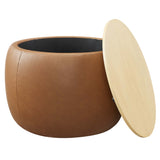 Wynn Round Vegan Leather Storage Ottoman in Tan