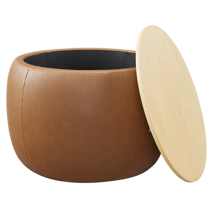 Wynn Round Vegan Leather Storage Ottoman in Tan