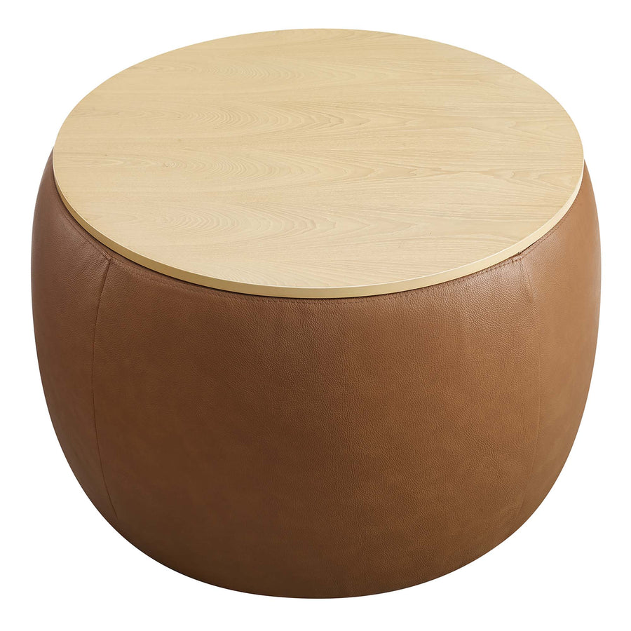 Wynn Round Vegan Leather Storage Ottoman in Tan