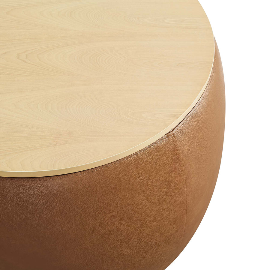 Wynn Round Vegan Leather Storage Ottoman in Tan