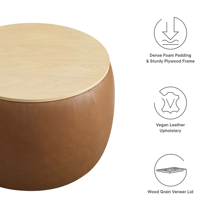 Wynn Round Vegan Leather Storage Ottoman in Tan