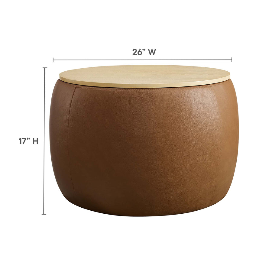 Wynn Round Vegan Leather Storage Ottoman in Tan