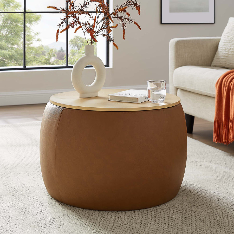 Wynn Round Vegan Leather Storage Ottoman in Tan