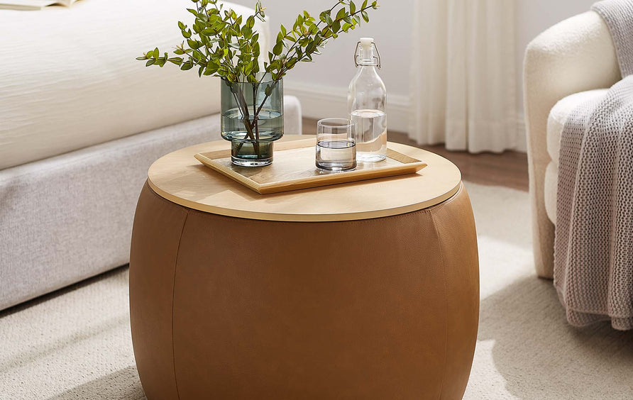 Wynn Round Vegan Leather Storage Ottoman in Tan