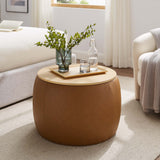 Wynn Round Vegan Leather Storage Ottoman in Tan