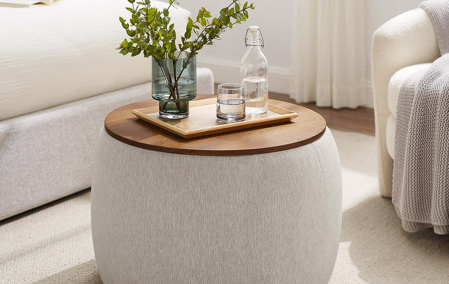 Wynn Woven Heathered Fabric Upholstered Storage Ottoman in Heathered Weave Ivory