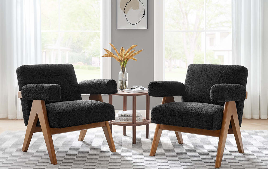 Sable Boucle Fabric Armchair Set of 2 in Black