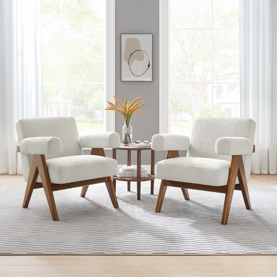 Sable Boucle Fabric Armchair Set of 2 in Ivory