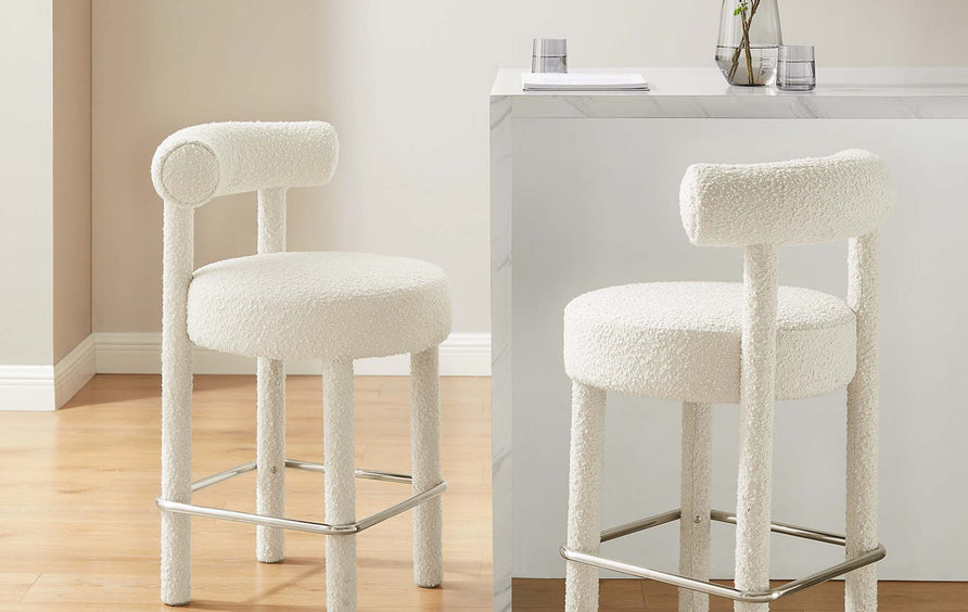 Halcyon Boucle Fabric Counter Stool Set of 2 in Ivory Silver