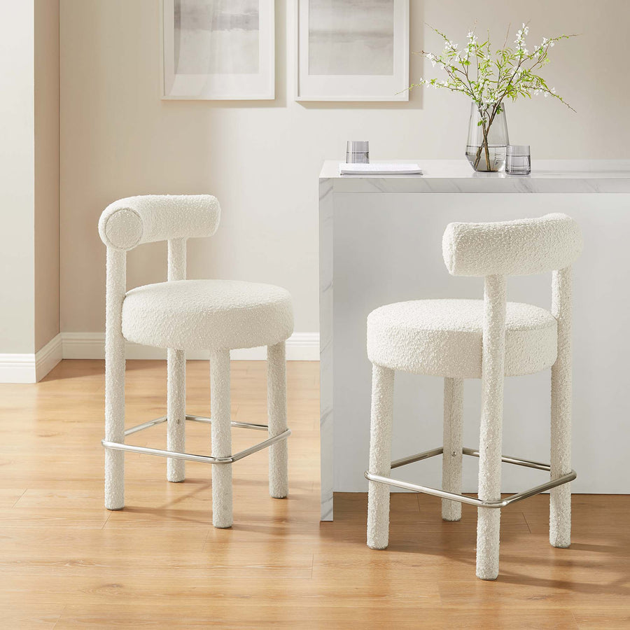 Halcyon Boucle Fabric Counter Stool Set of 2 in Ivory Silver