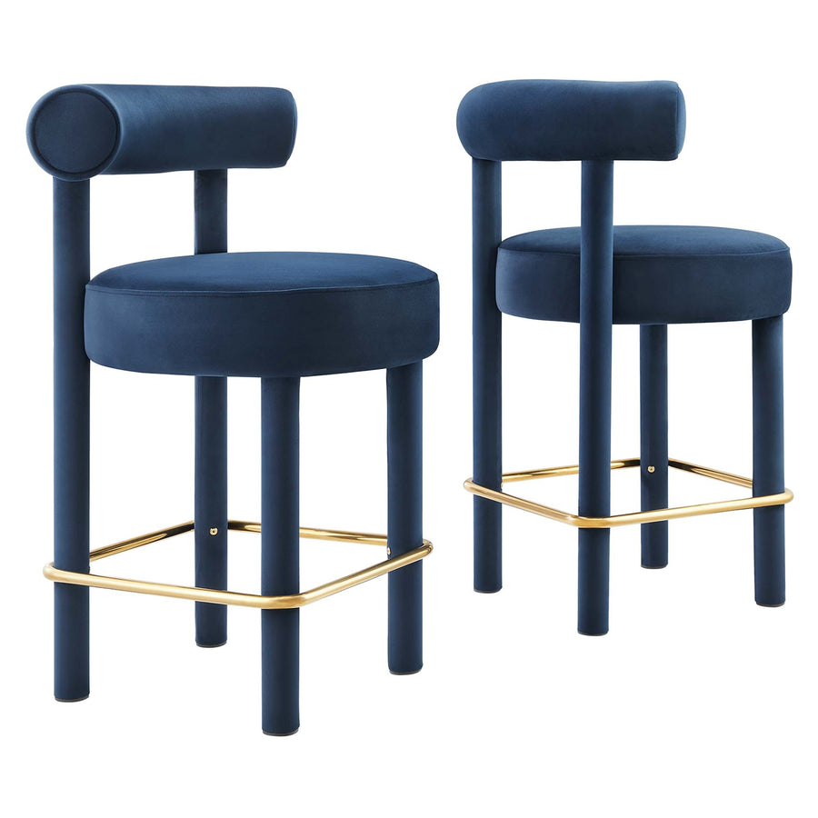 Halcyon Performance Velvet Counter Stool Set of 2 in Midnight Blue Gold