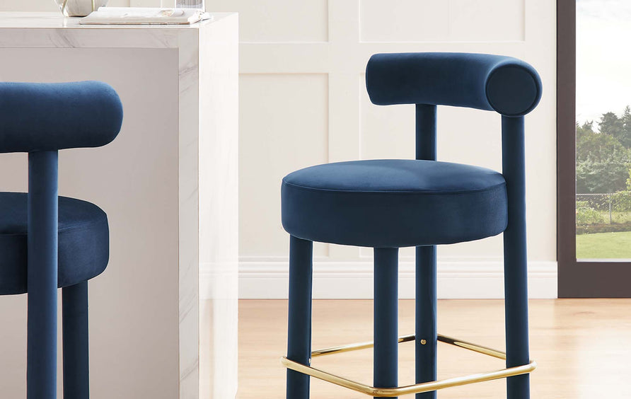Halcyon Performance Velvet Counter Stool Set of 2 in Midnight Blue Gold