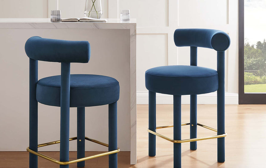 Halcyon Performance Velvet Counter Stool Set of 2 in Midnight Blue Gold